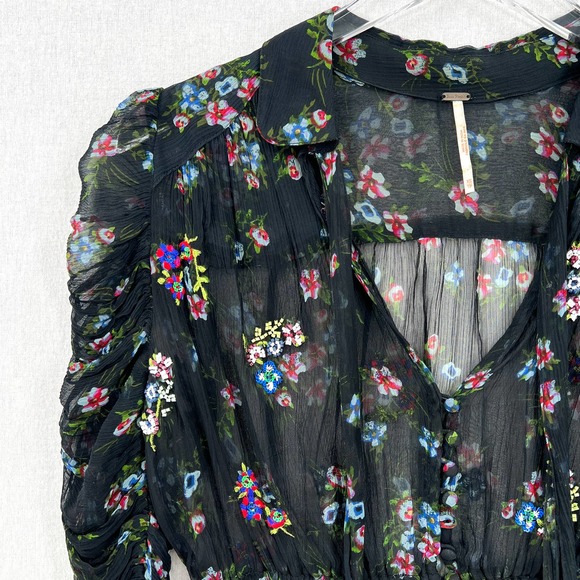 FREE PEOPLE Buttercup Embellished Button Down Top Womens XS Black Sheer Floral - Picture 4 of 12